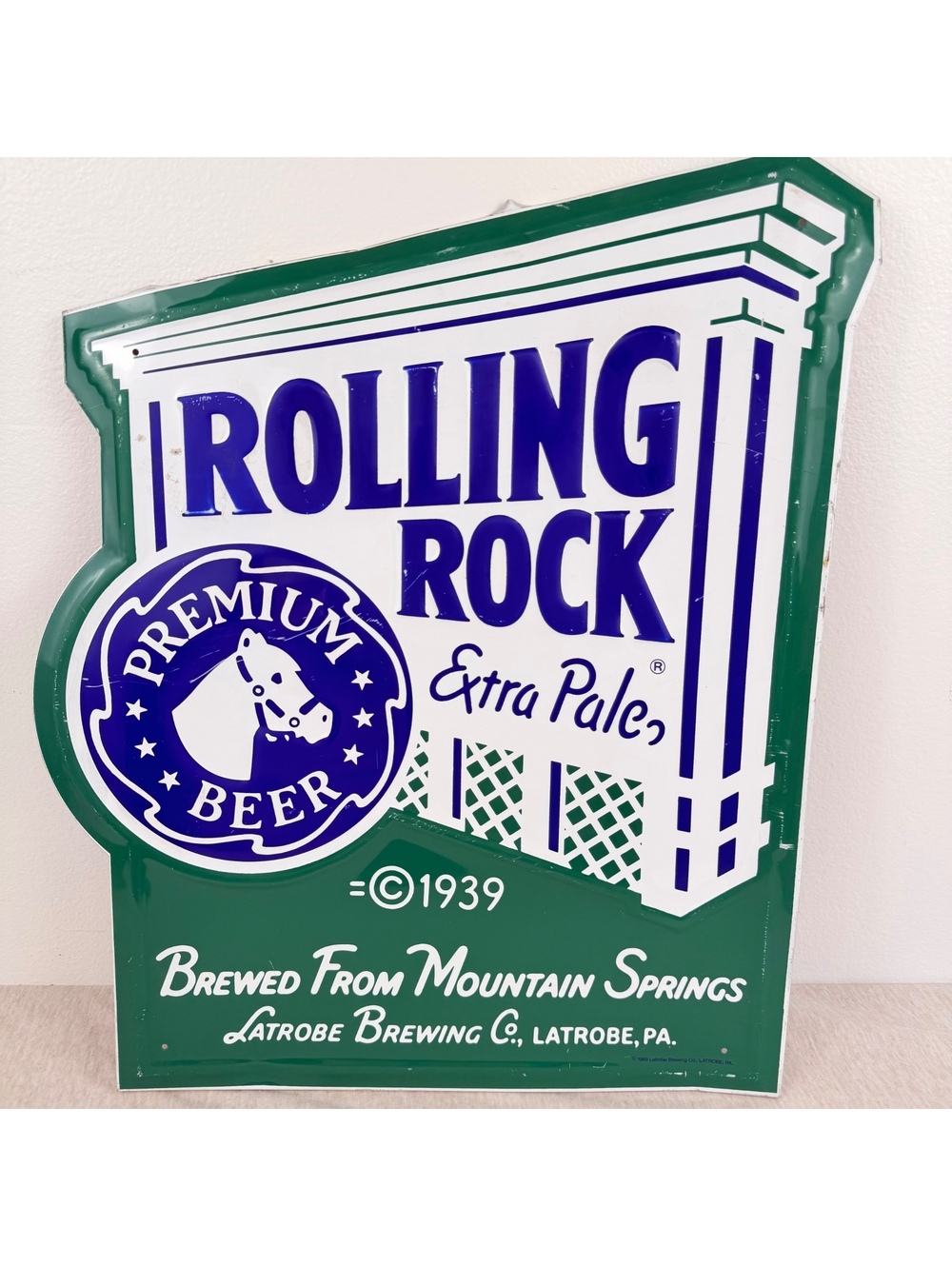 Vintage 1989 Rolling Rock Beer Embossed Metal Sign Latrobe PA 19x16
